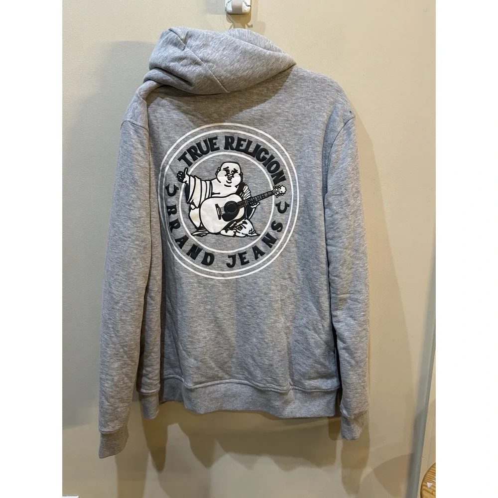 True Religion Sherpa Print Logo Seal Full Zip Hoodie in heather grey Size Large